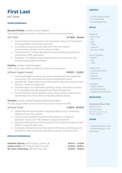 Software Tester Resume Templates LibreOffice